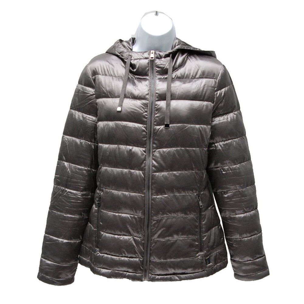 Andrew Marc Women's Packable Lightweight Premium Down Hooded Jacket, Silver, S
